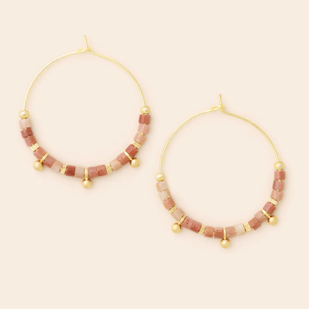 Stone Disc Hoop Earrings - Rhodonite / Gold