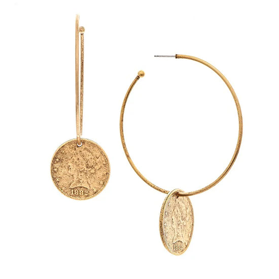 Large Gold Hoop Earrings with Dangle Coins