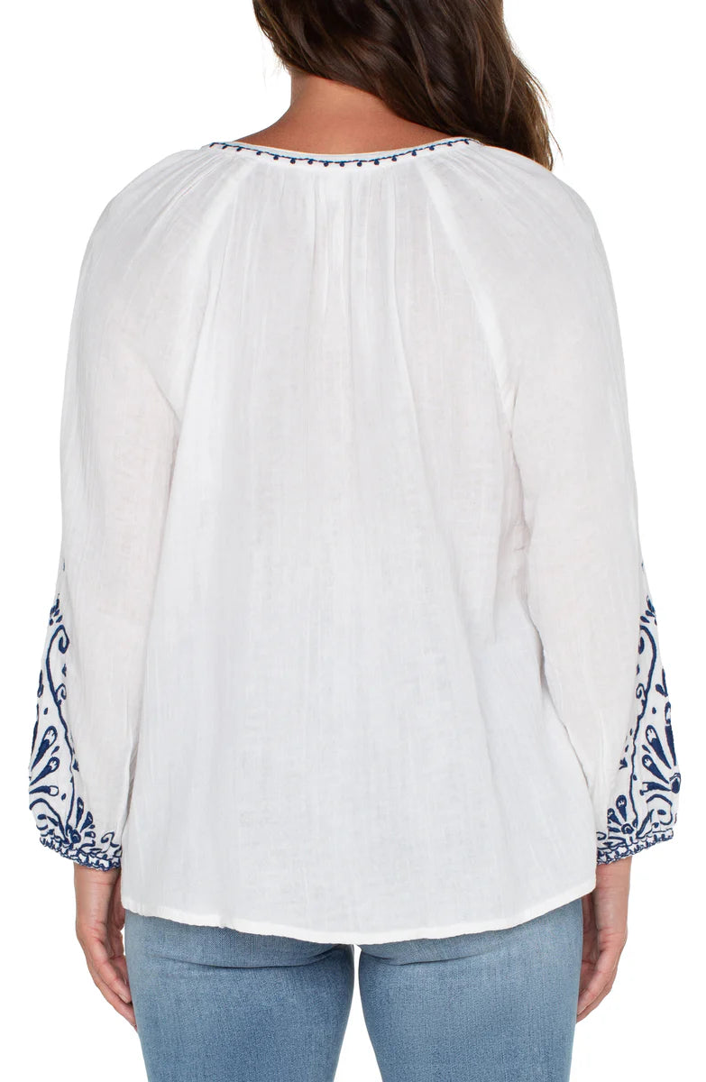 Embroidered Double Gauze Long Sleeved Top - Off White/Blue