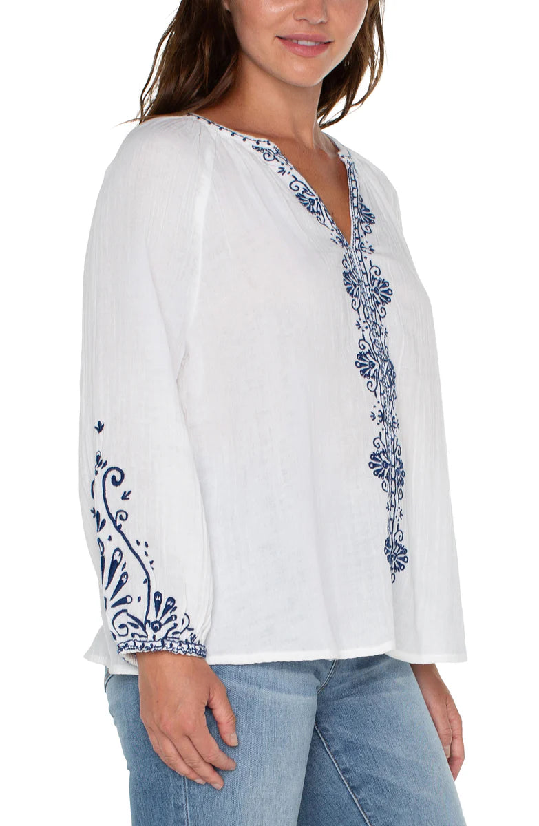 Embroidered Double Gauze Long Sleeved Top - Off White/Blue