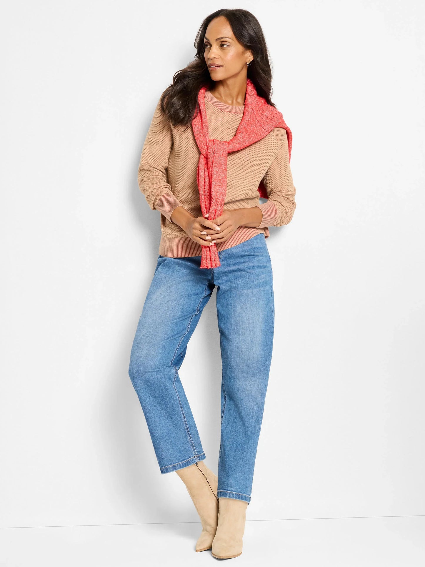 Textured Crew Neck Sweater - Red Multi