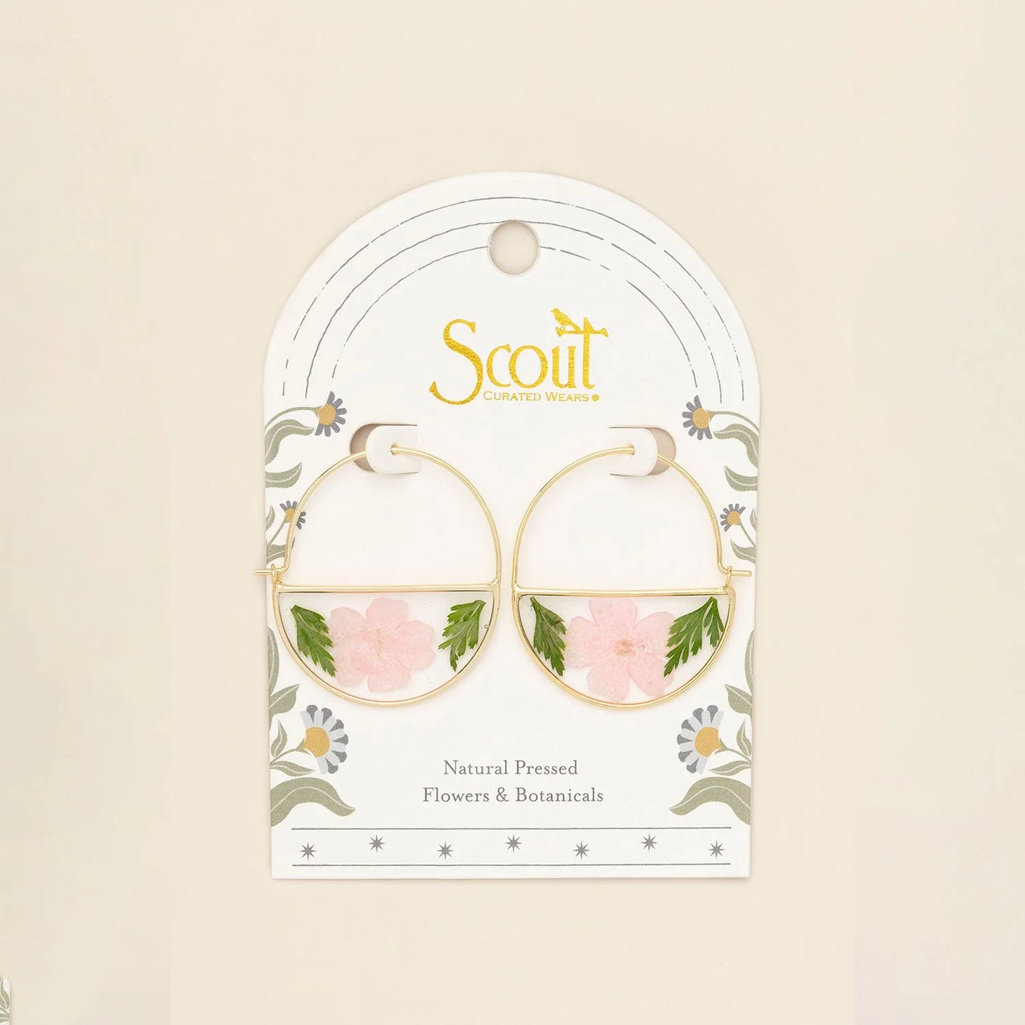 Pressed Flower Hoop Earrings - Pink Cherry Blossom/Gold