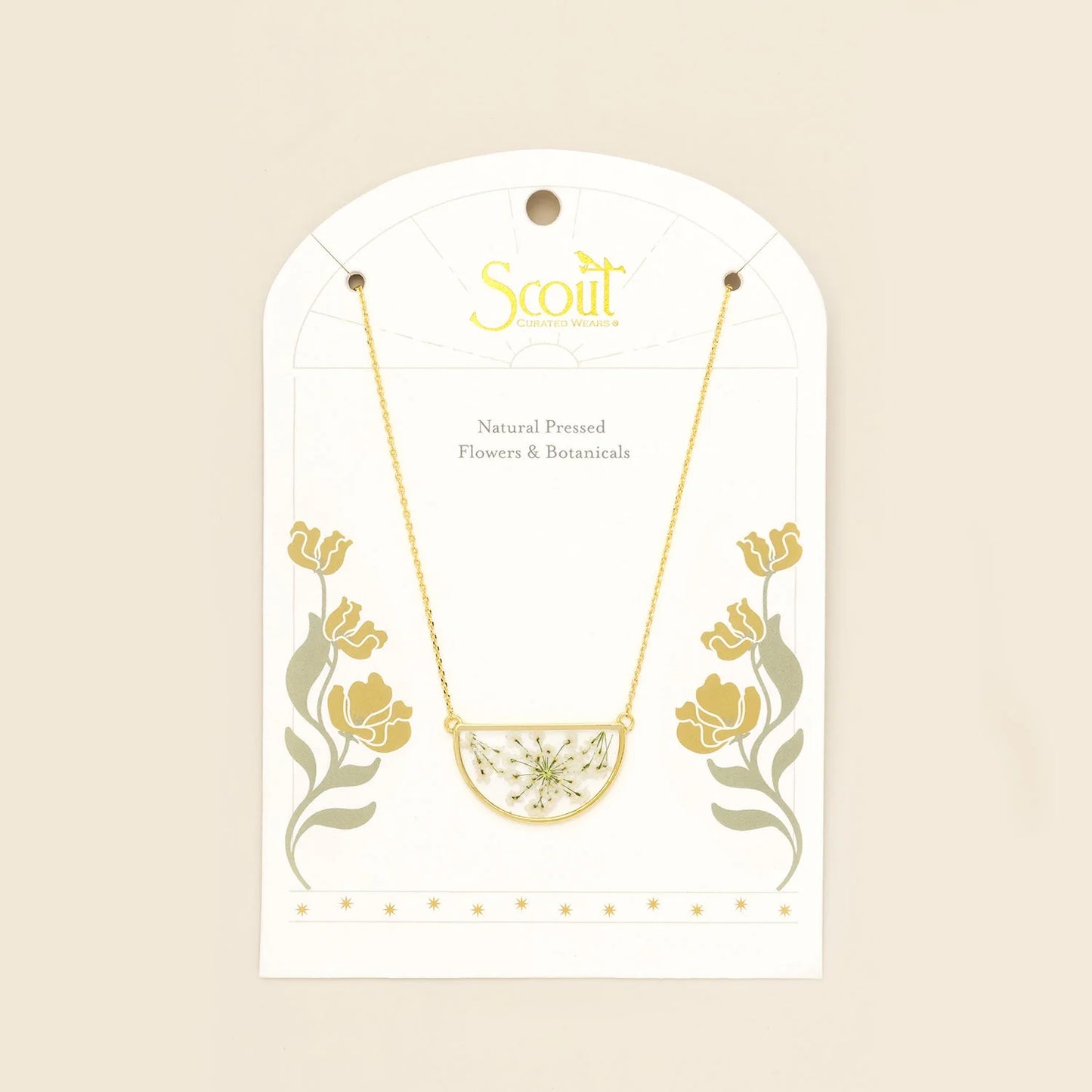 Pressed Flower Necklace - White Lace Flower/Gold