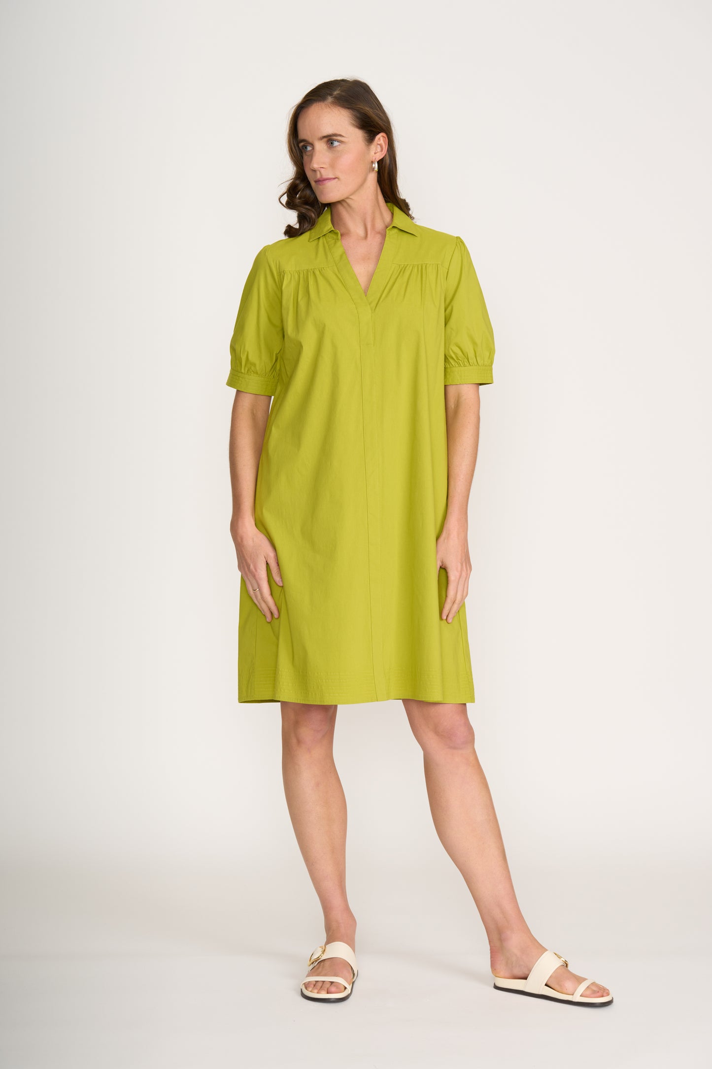 Short Sleeve Dress with Front Yoke - Chartreuse