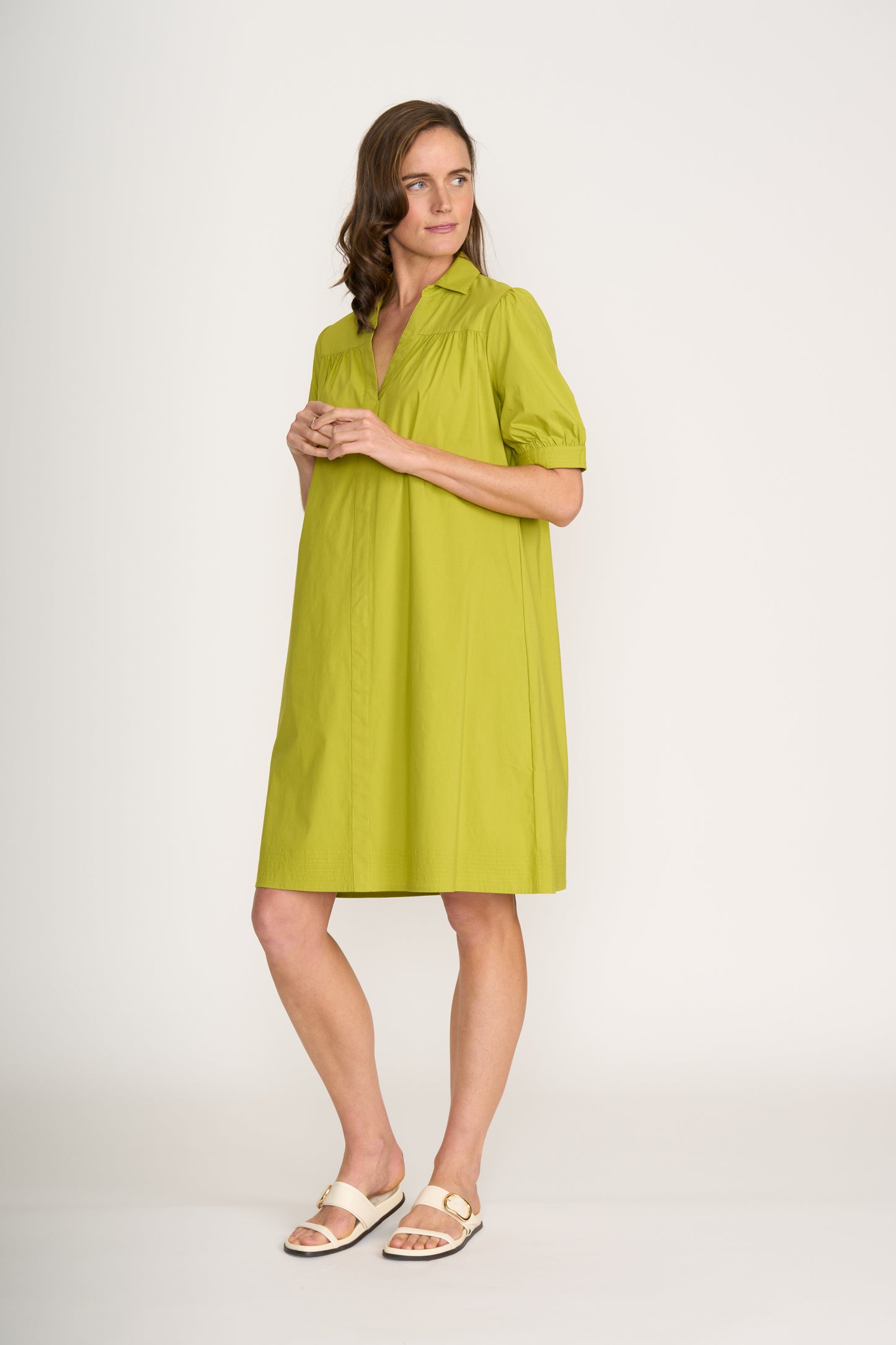 Short Sleeve Dress with Front Yoke - Chartreuse