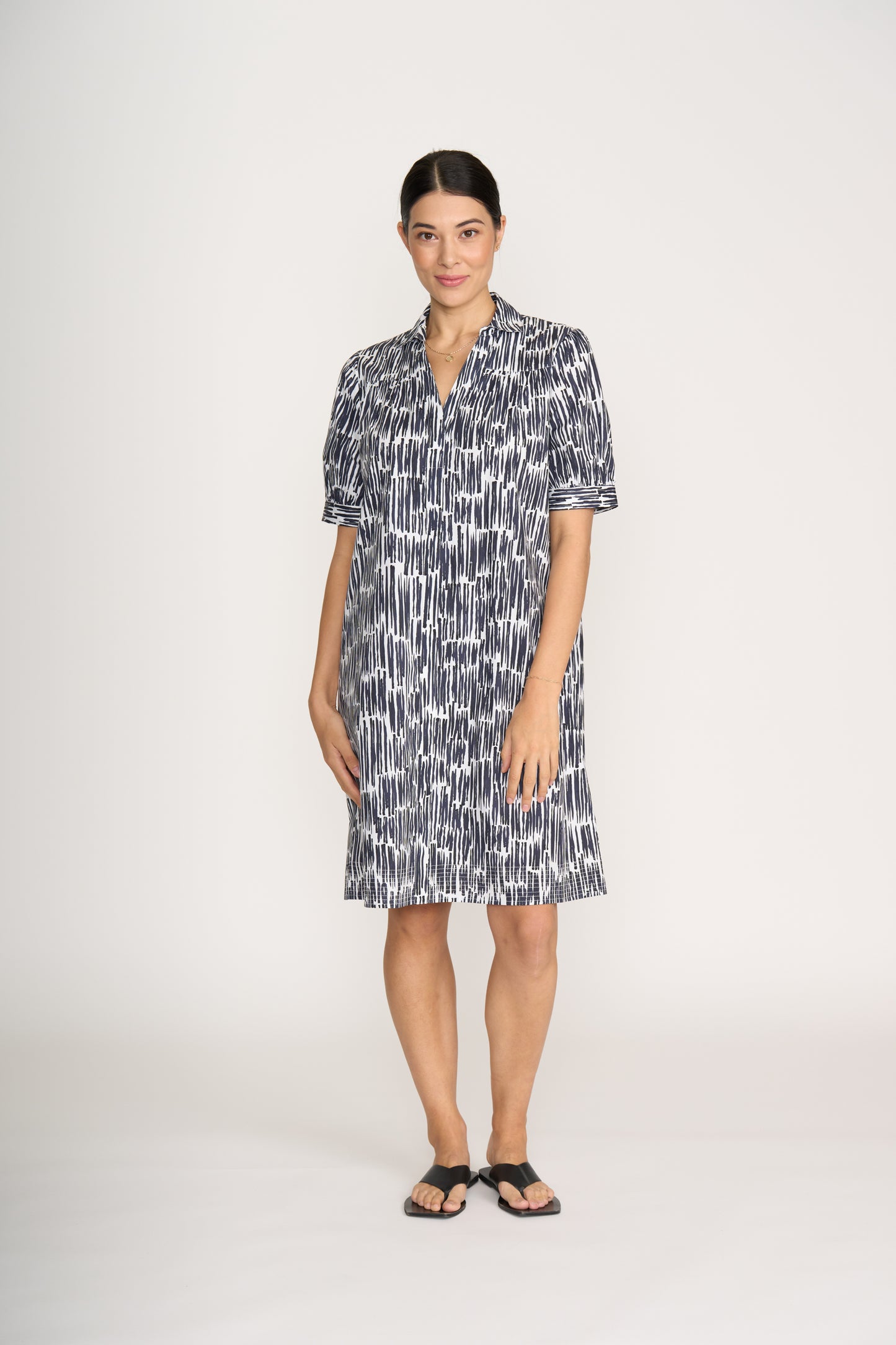 Short Sleeve Dress with Front Yoke - Black/White