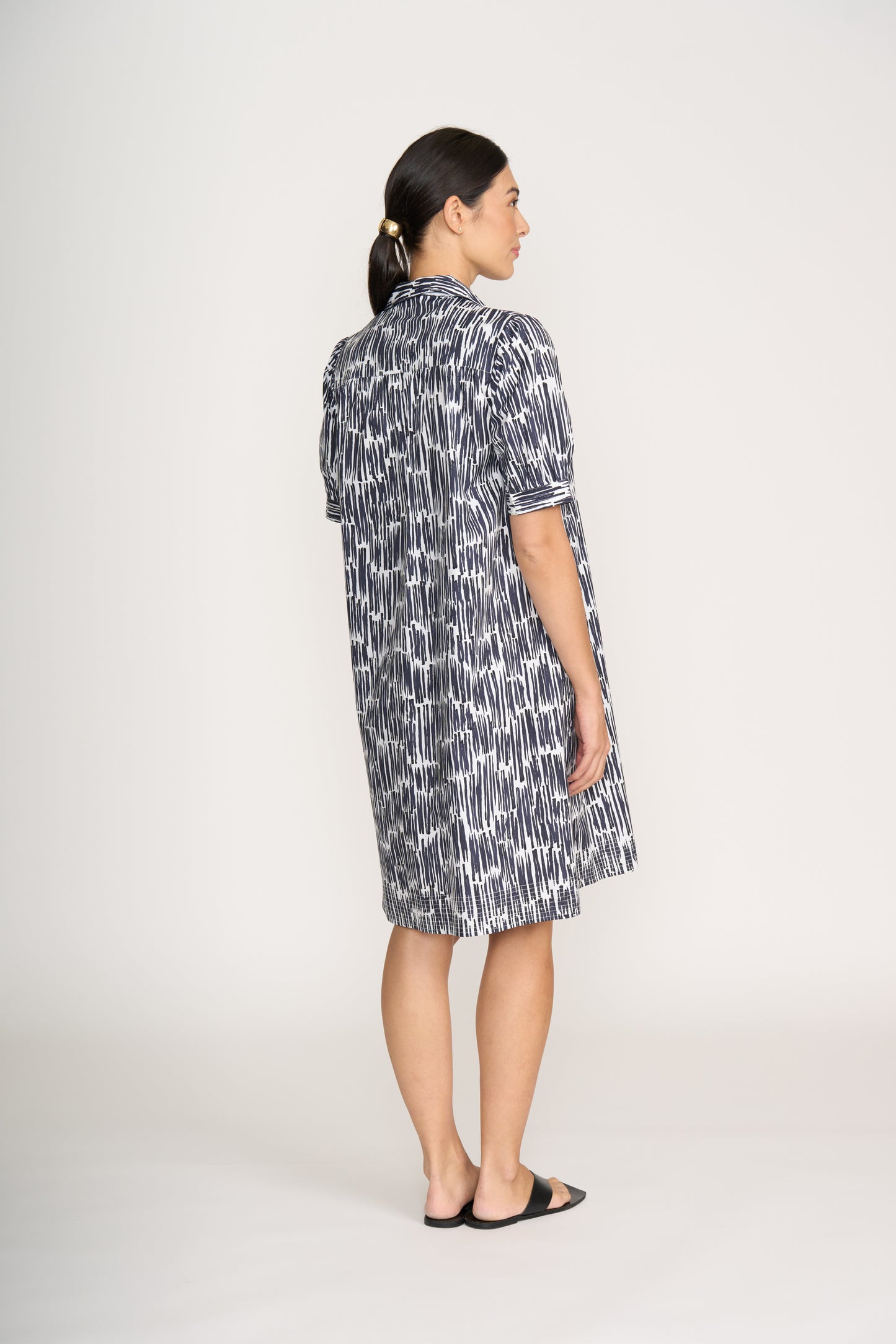 Short Sleeve Dress with Front Yoke - Black/White