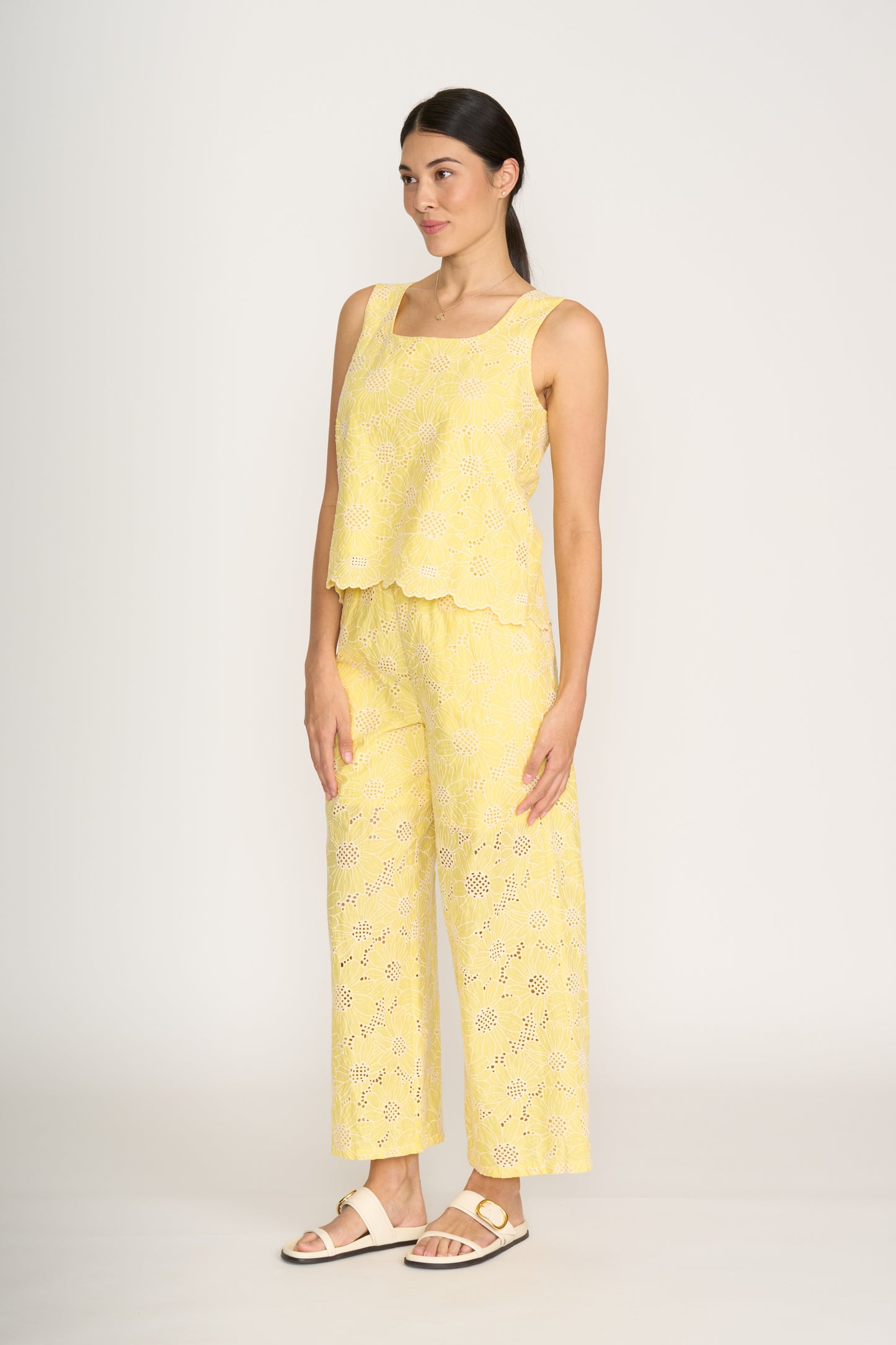 Embroidered Tank with Buttons - Yellow Floral