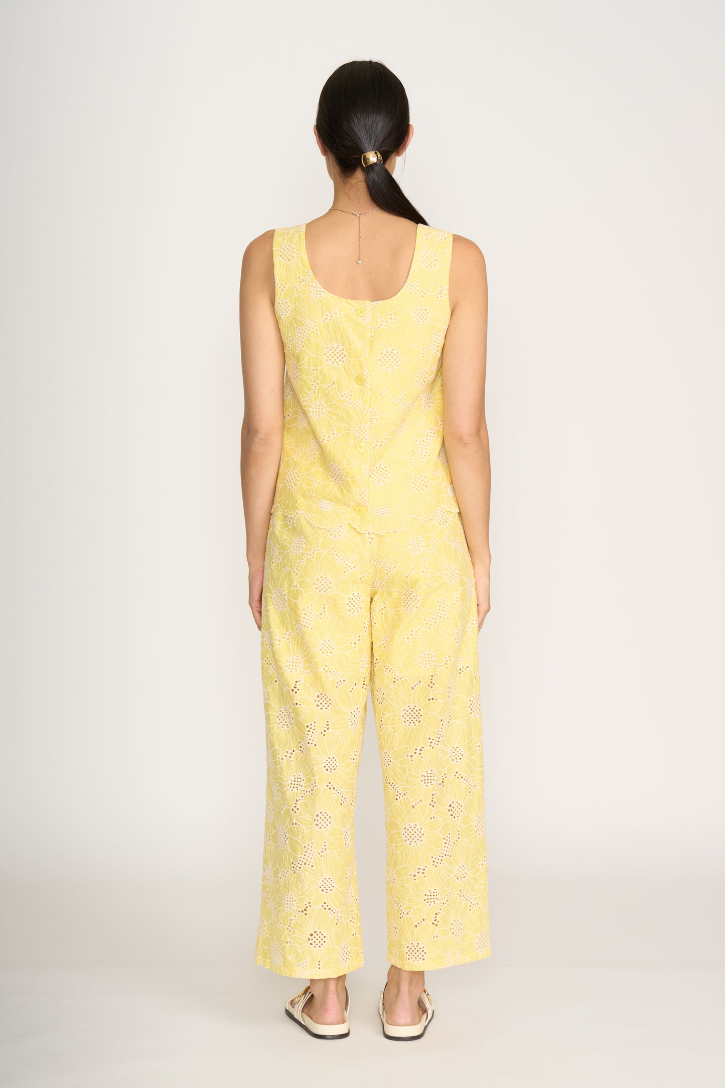 Embroidered Tank with Buttons - Yellow Floral