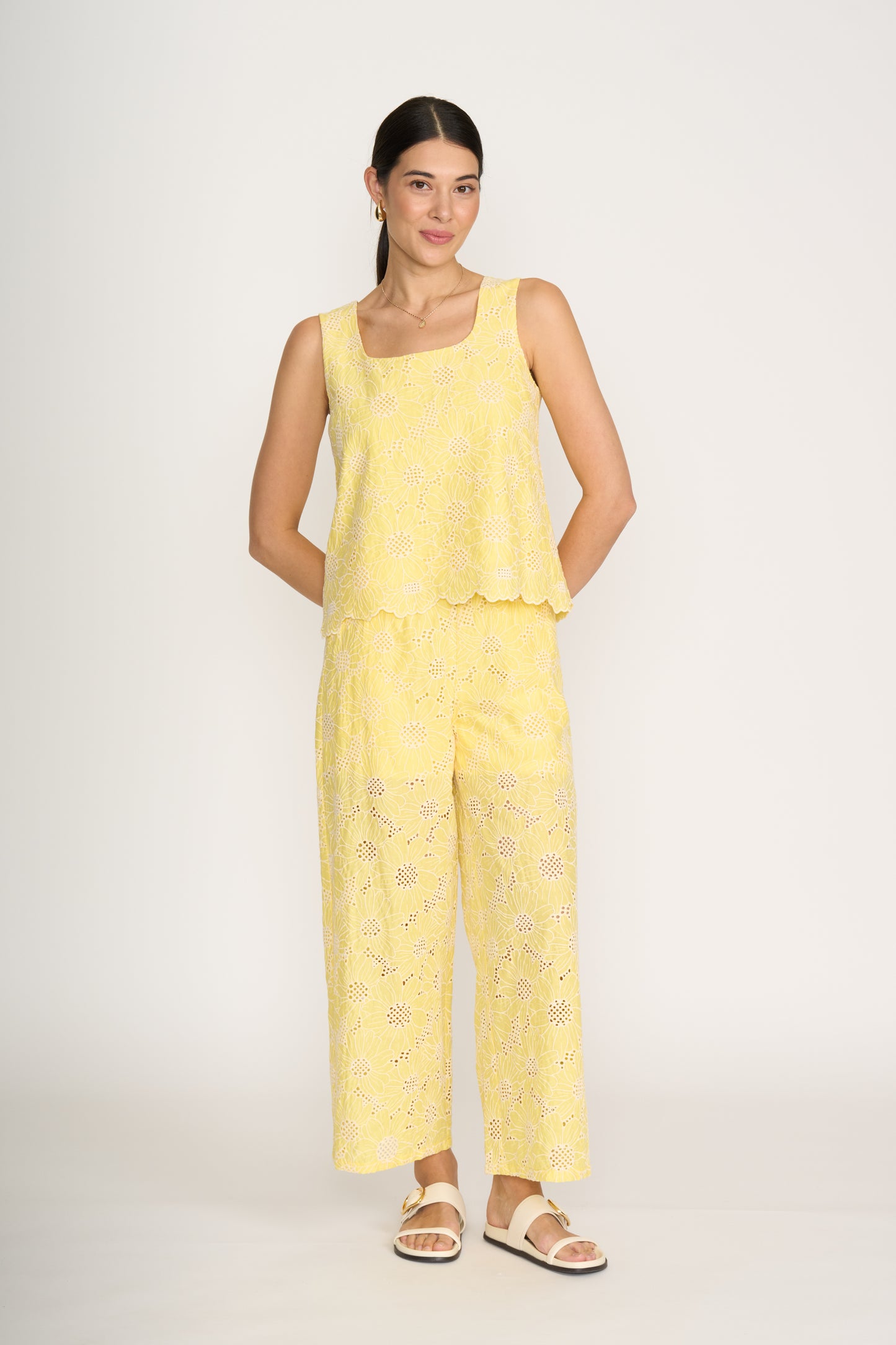Embroidered Tank with Buttons - Yellow Floral