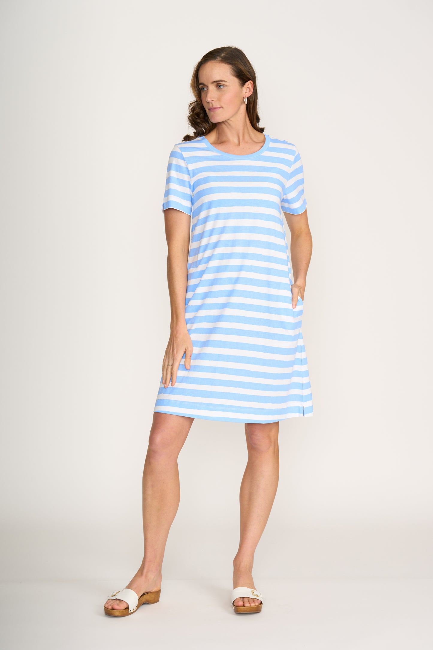 Horizontal Stripe Tee Shirt Dress - Beach Blue/White