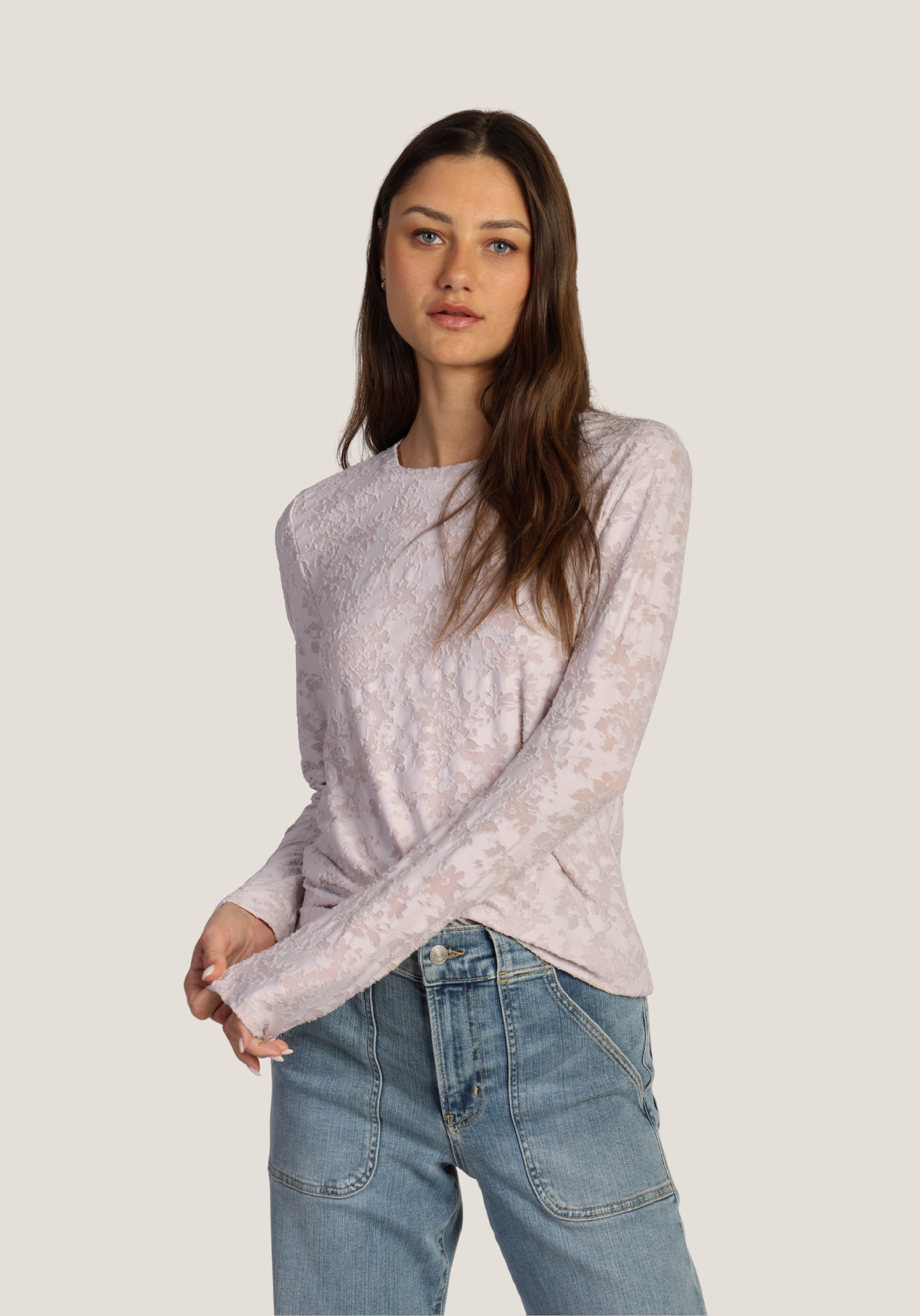 Long Sleeved Knit Tee with Lace Pattern - White