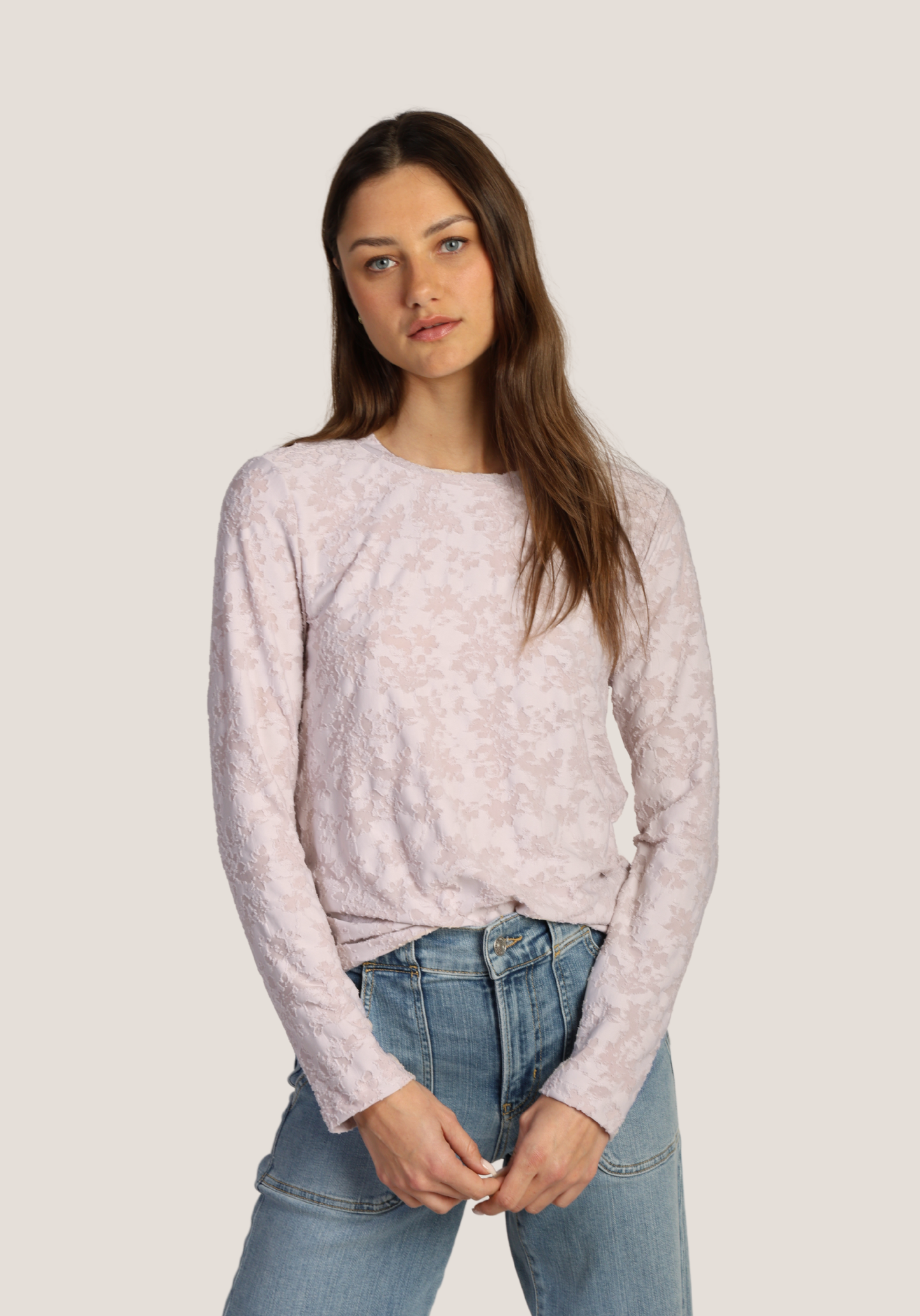 Long Sleeved Knit Tee with Lace Pattern - White
