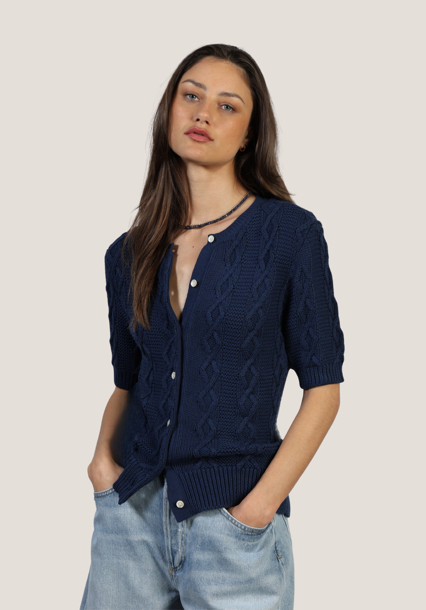 Short Sleeved Cable Knit Cardigan Sweater - Navy