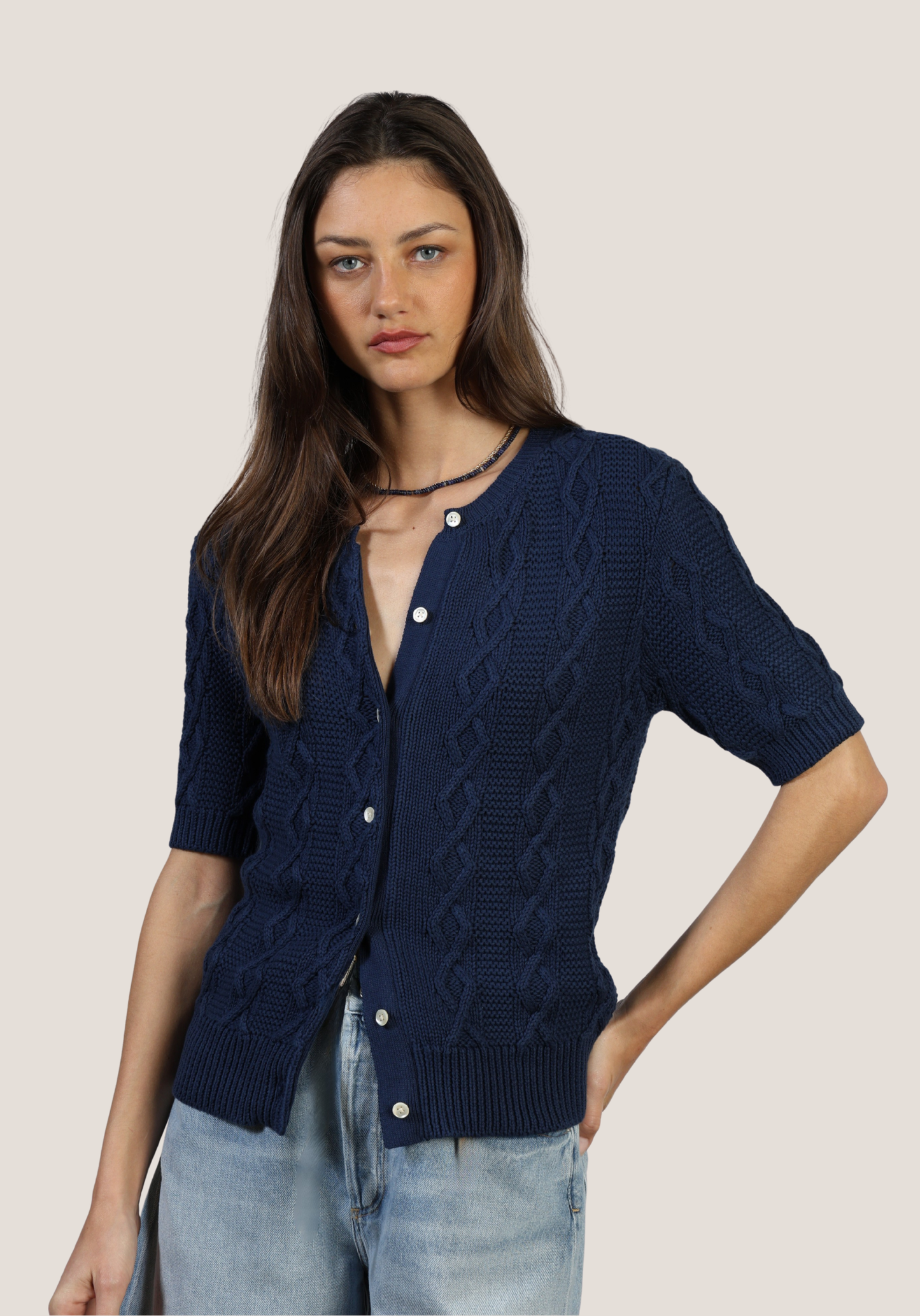 Short Sleeved Cable Knit Cardigan Sweater - Navy