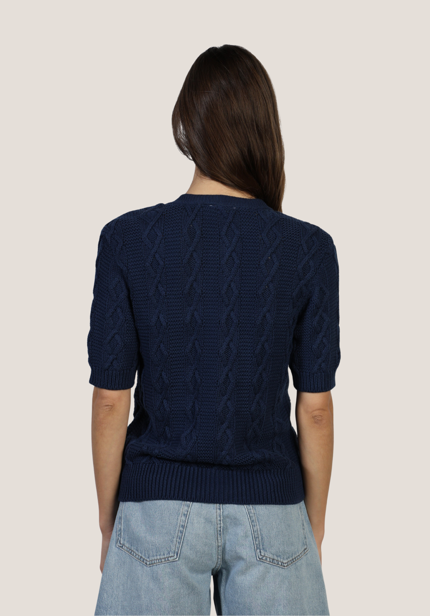 Short Sleeved Cable Knit Cardigan Sweater - Navy