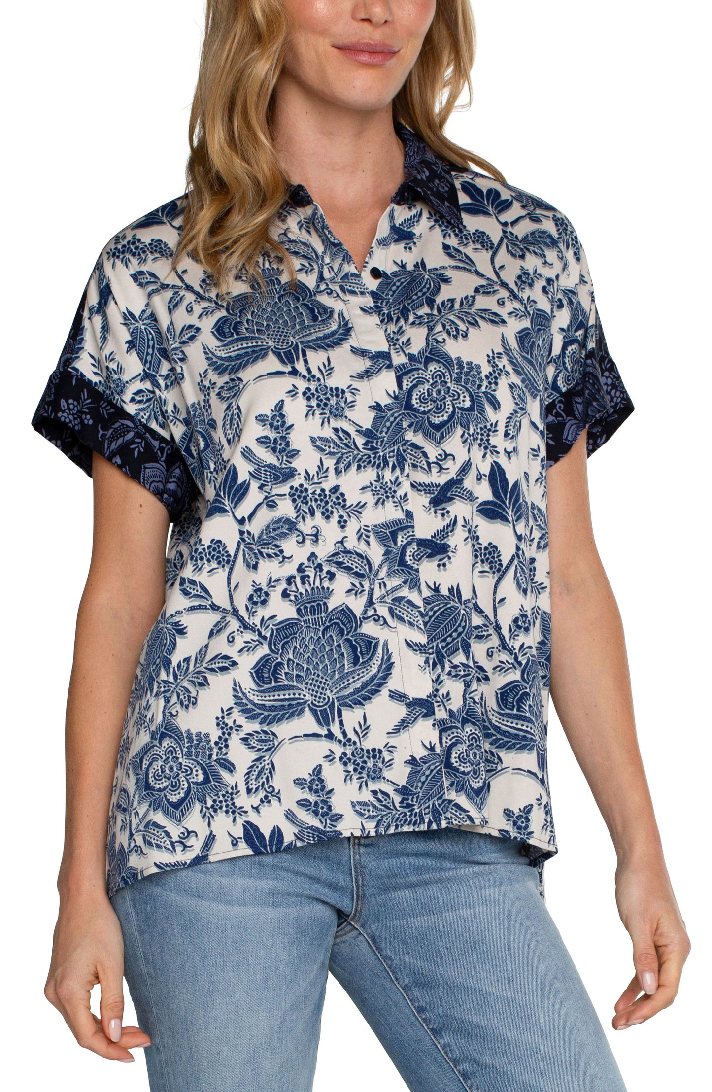 Camp Shirt with Collar and Hi-Low Hem - Galaxy Flower Print