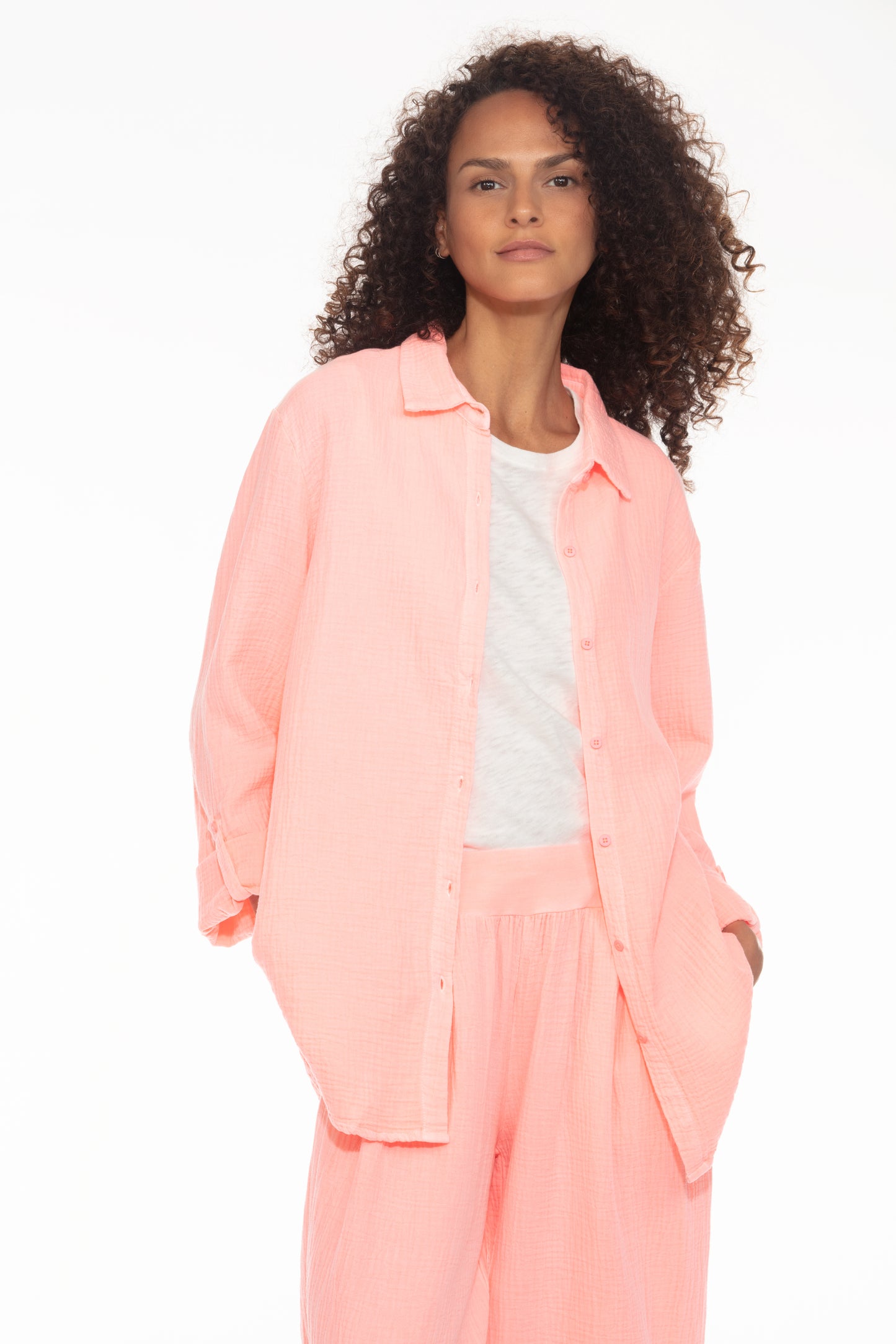 Long Sleeve Cotton Gauze Top - Coral Passion