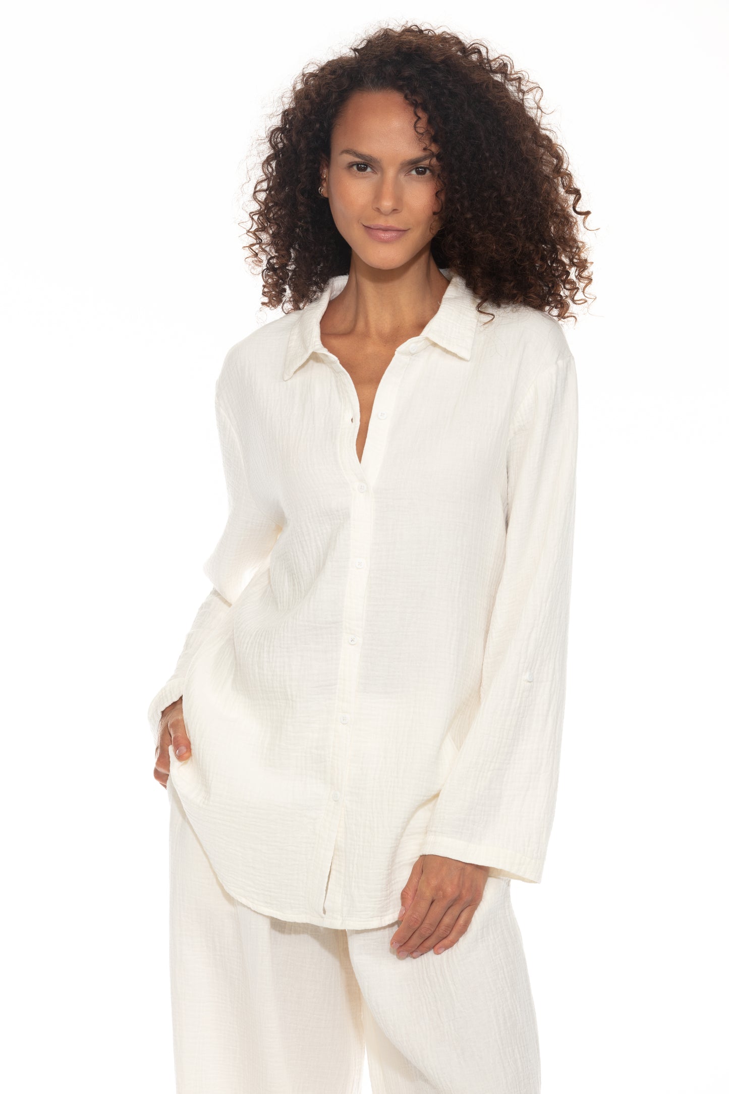 Long Sleeve Cotton Gauze Top - French White