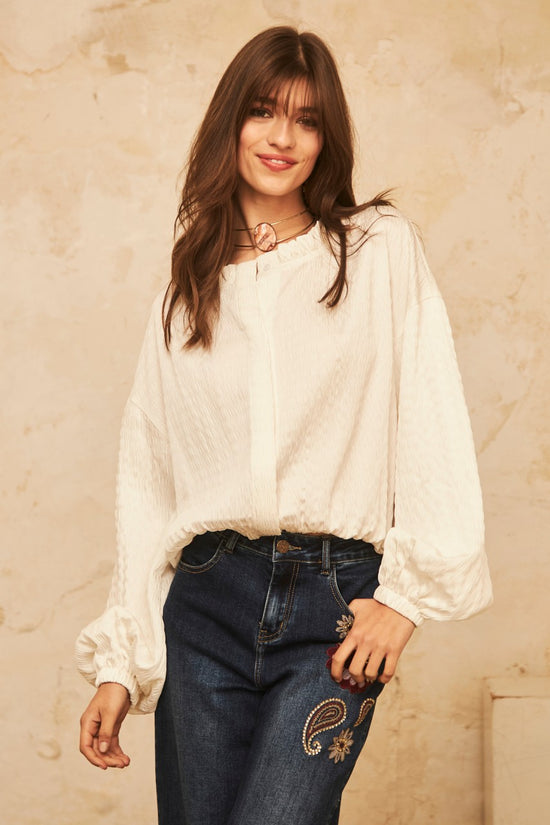 Long Sleeve Top with Elastic Waist - Ecru