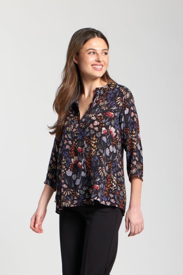 Tie Front Floral Print Top with 3/4 Sleeves- Black Multi
