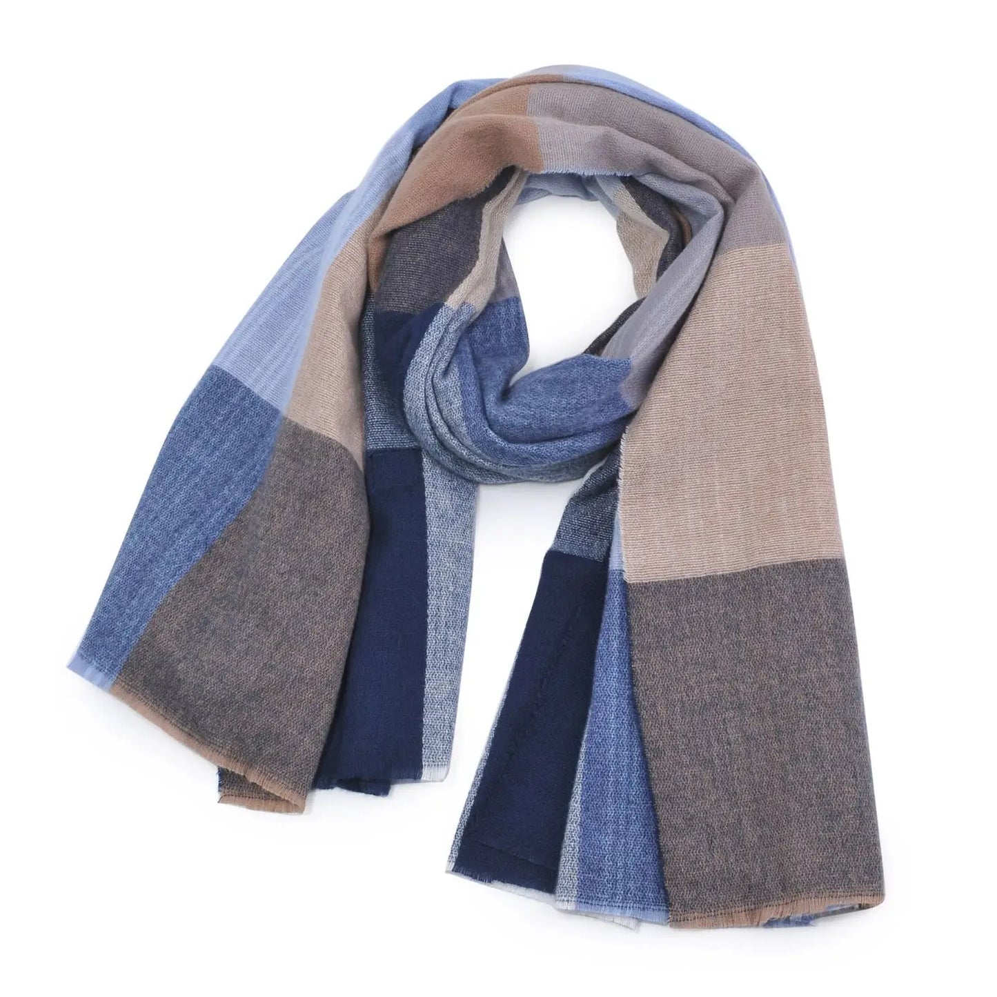Multi Square Patterned Scarf with Frayed Edge - Blue/Beige