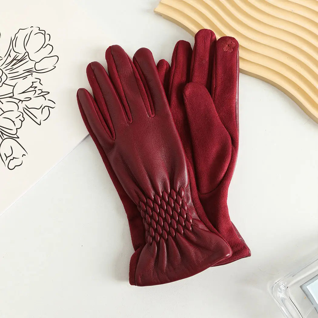 Faux Leather Touch Screen Gloves - Wine