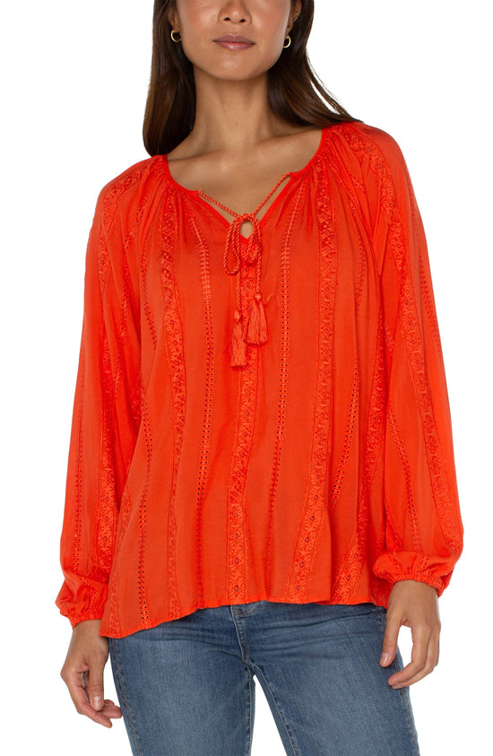 Embroidered Shirred Top with Neck Ties - Coral Blaze