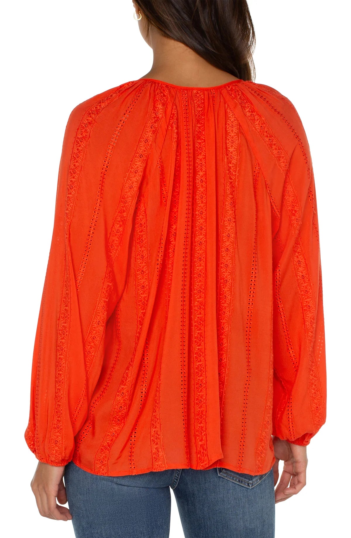 Embroidered Shirred Top with Neck Ties - Coral Blaze