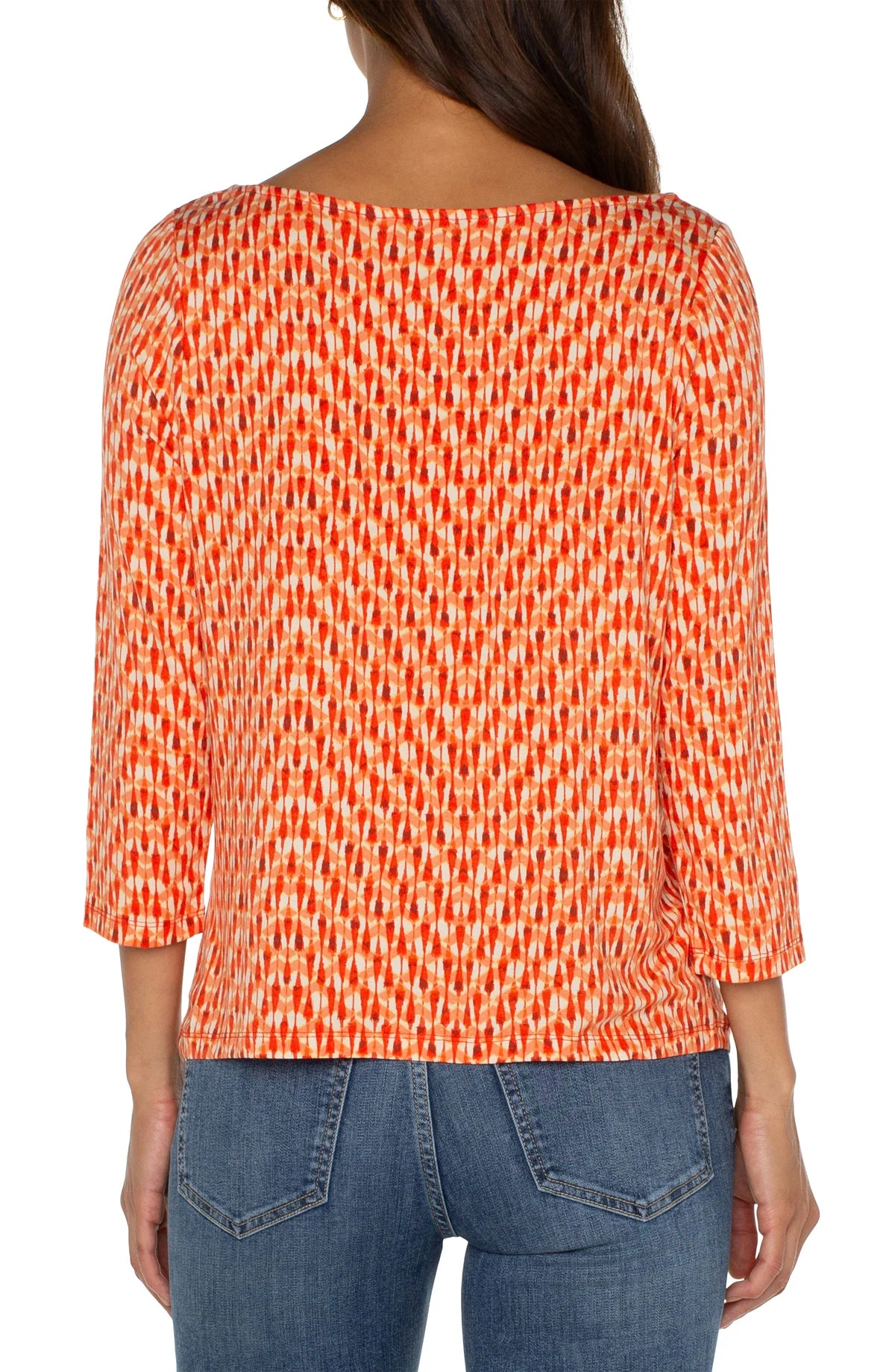 Cowl Neck Top with 3/4 Length Sleeves - Coral Blaze Ikat