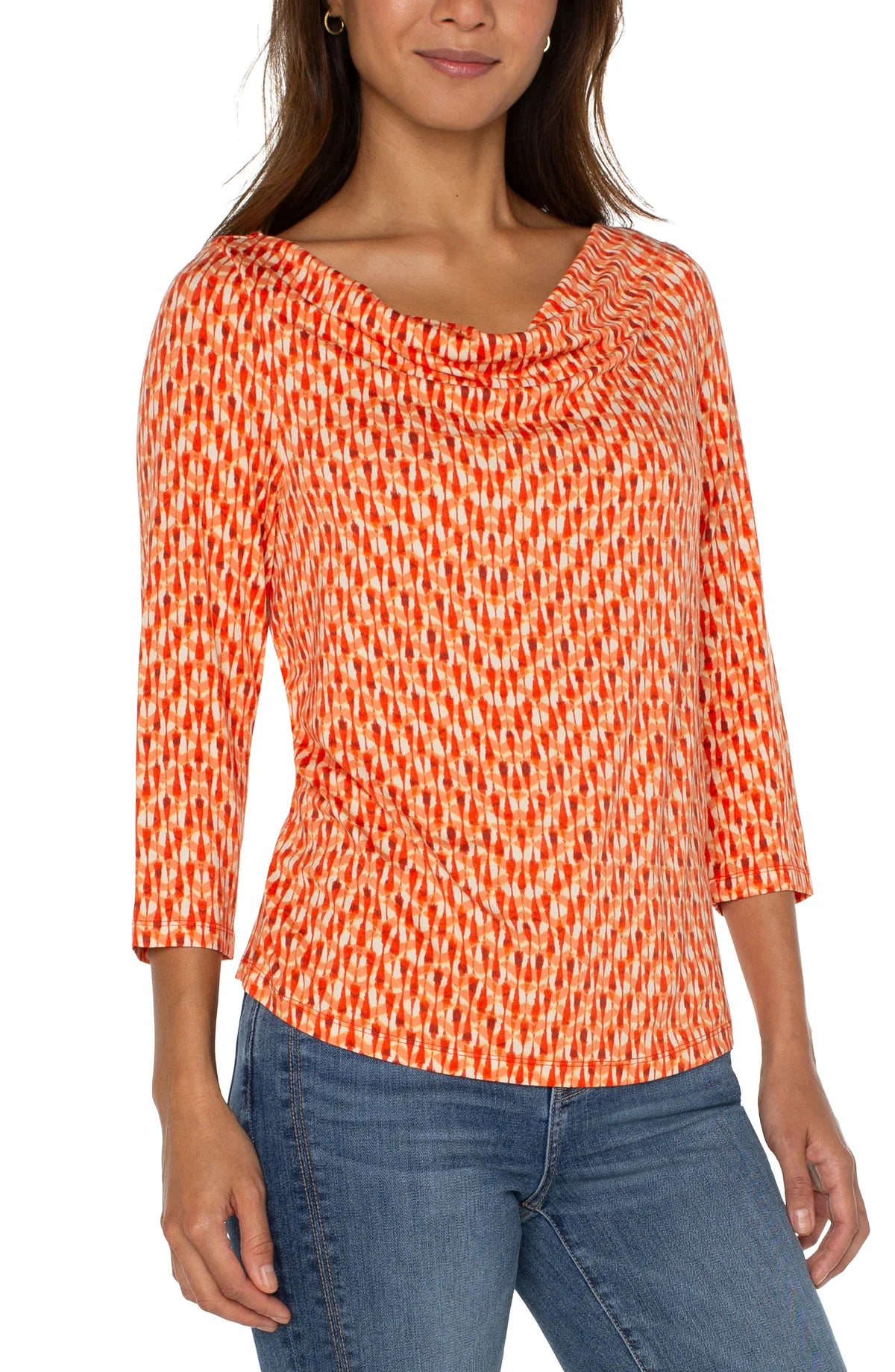 Cowl Neck Top with 3/4 Length Sleeves - Coral Blaze Ikat