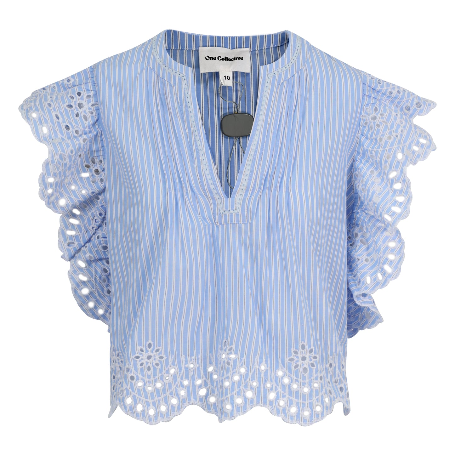 Embroidered Ruffle Sleeve Top - Cornflower Blue/White