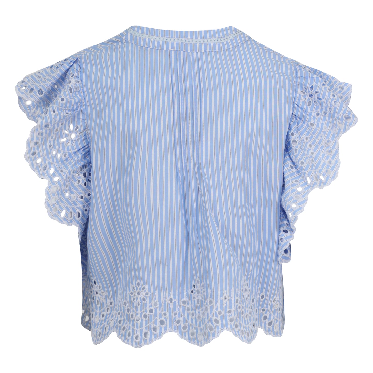 Embroidered Ruffle Sleeve Top - Cornflower Blue/White