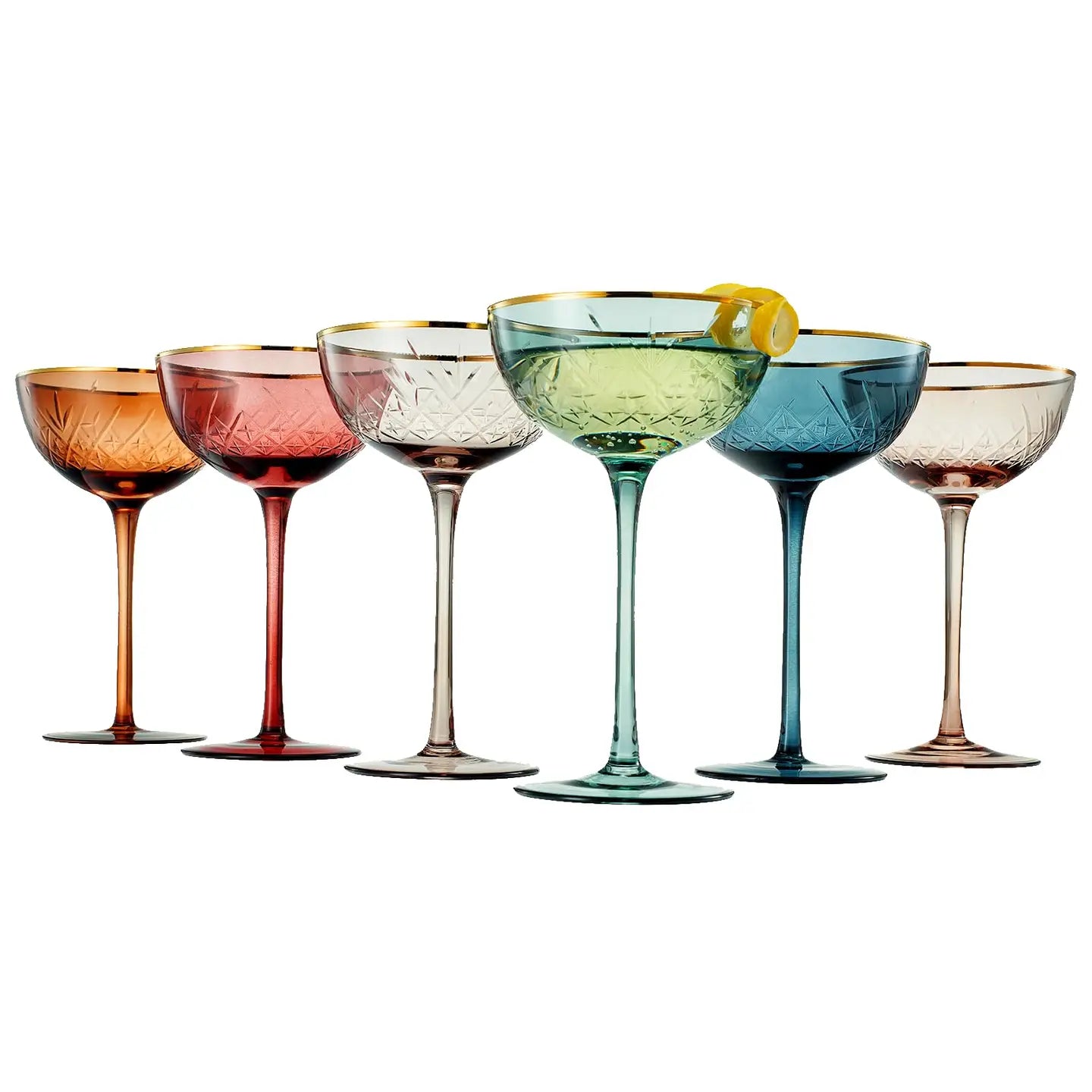 Colored Vintage Art Decor Champagne Glasses - Set of 6