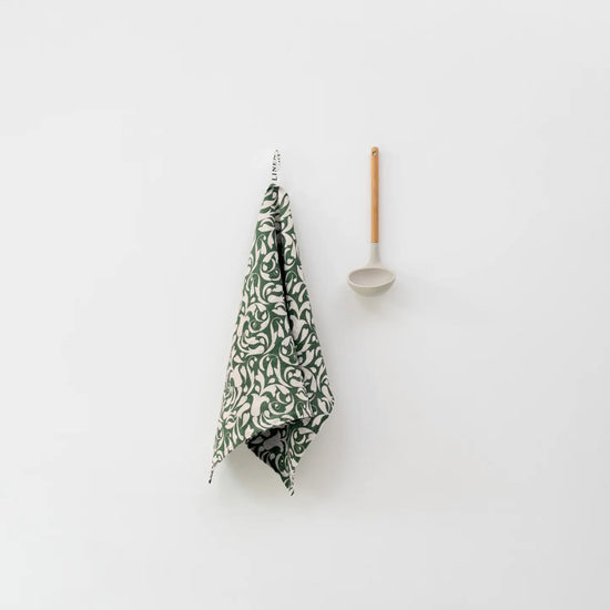Evergreen Damask on Natural Linen Kitchen Towel