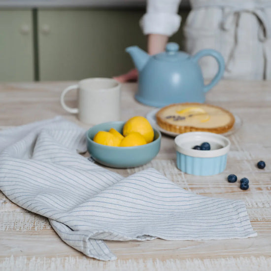 Grey Blue Pinstripe Rustic Linen Kitchen Towel