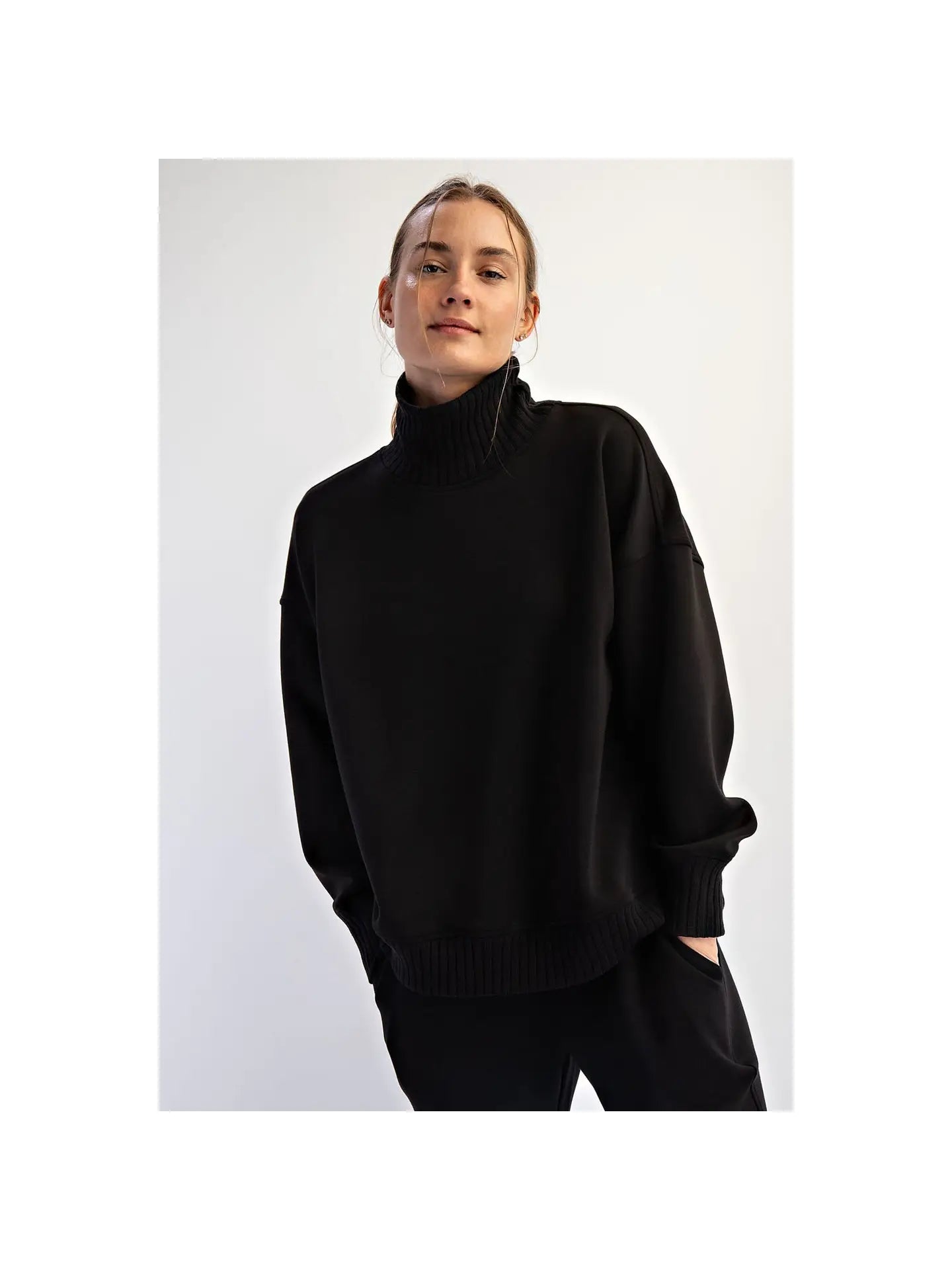 Ribbed Mock Neck Pullover Sweatshirt - Black