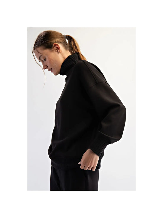 Ribbed Mock Neck Pullover Sweatshirt - Black