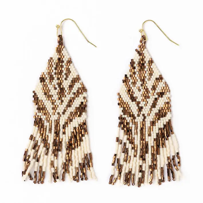 Delilah Zebra Print Beaded Fringe Earrings - Bronze & Ivory