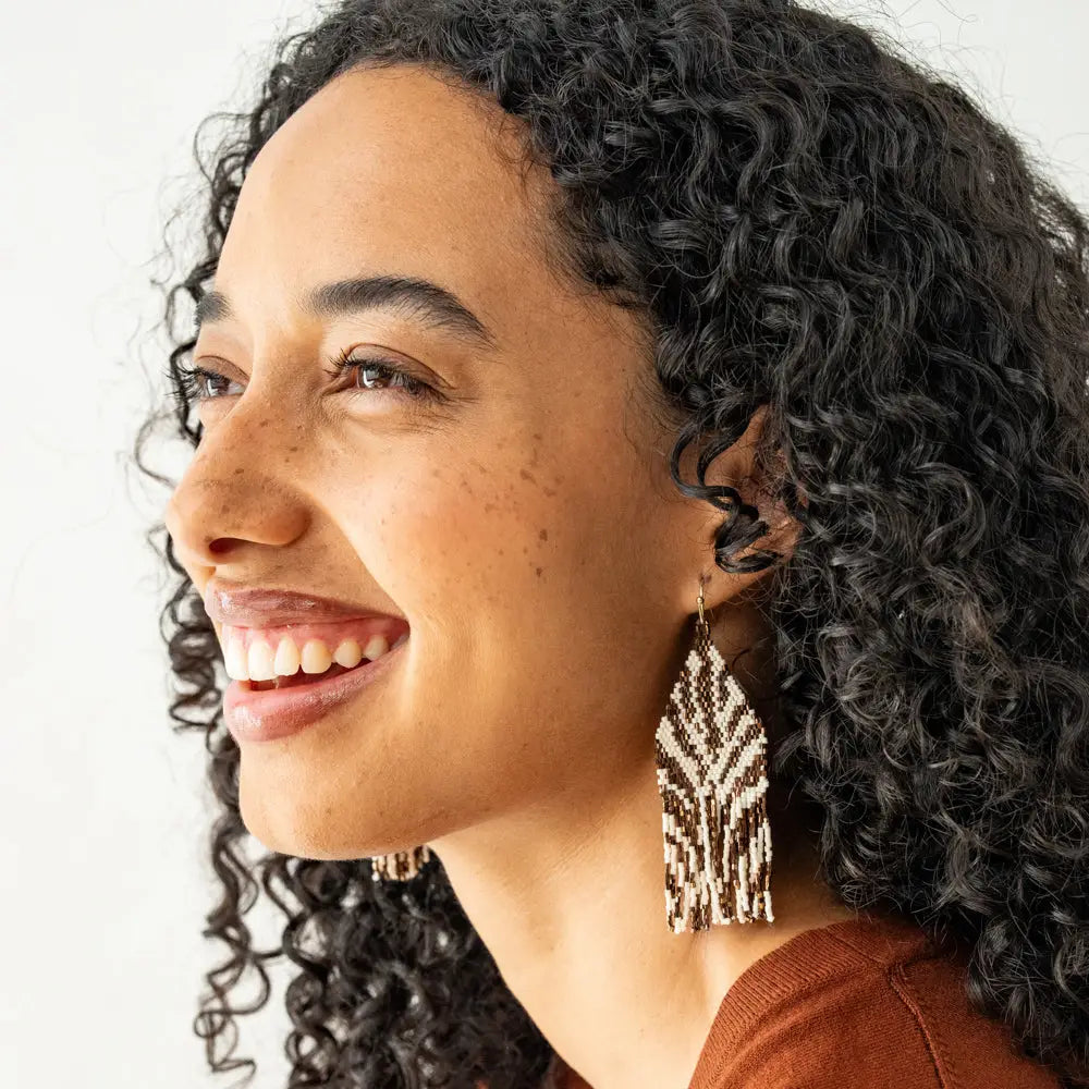 Delilah Zebra Print Beaded Fringe Earrings - Bronze & Ivory