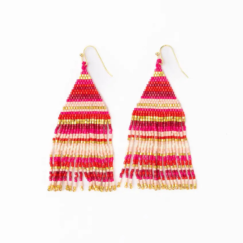 Lexi Horizontal Striped Beaded Fringe Earrings - Hot Pink