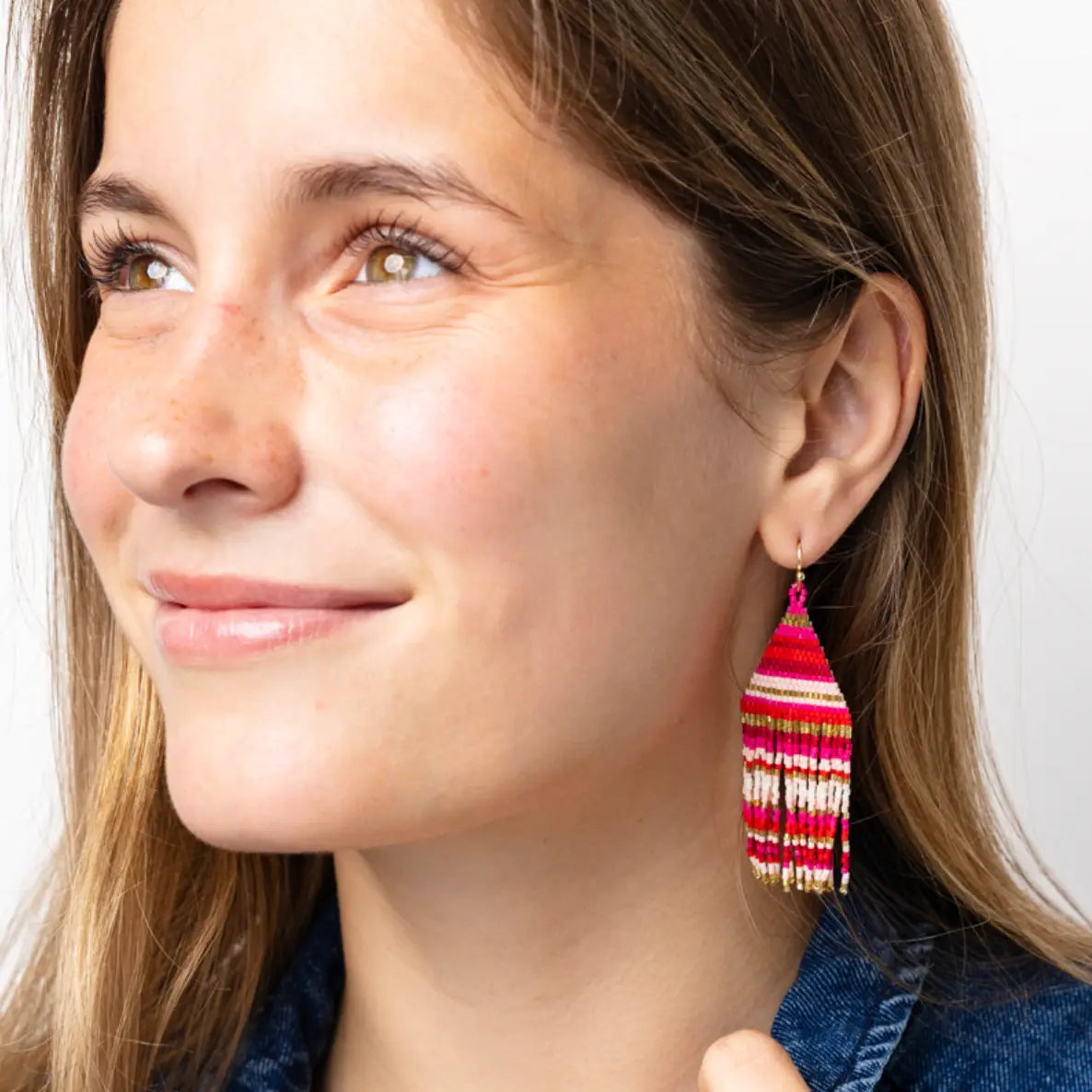 Lexi Horizontal Striped Beaded Fringe Earrings - Hot Pink
