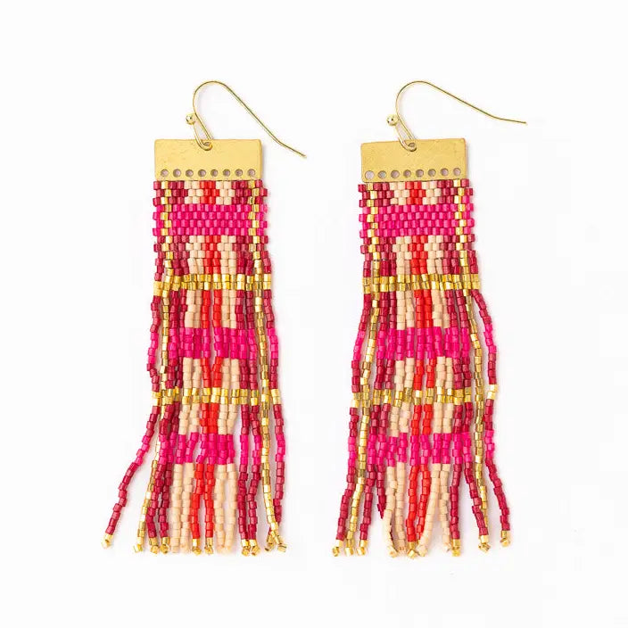 McKenzie Brass Long Beaded Fringe Earrings - Hot Pink & Gold