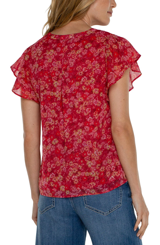 Double Layer Flutter Sleeve Top - Berry Blossom Floral