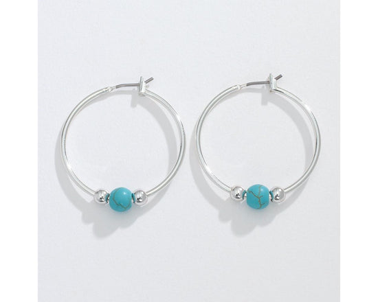 Silver Hoop Earrings with Turquoise Beads
