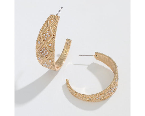 Gold Ornate Patterned Hoop Earrings with Pearls