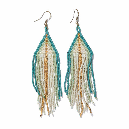 Jane Triangle Beaded Fringe Earrings with Gold Stripes - Teal