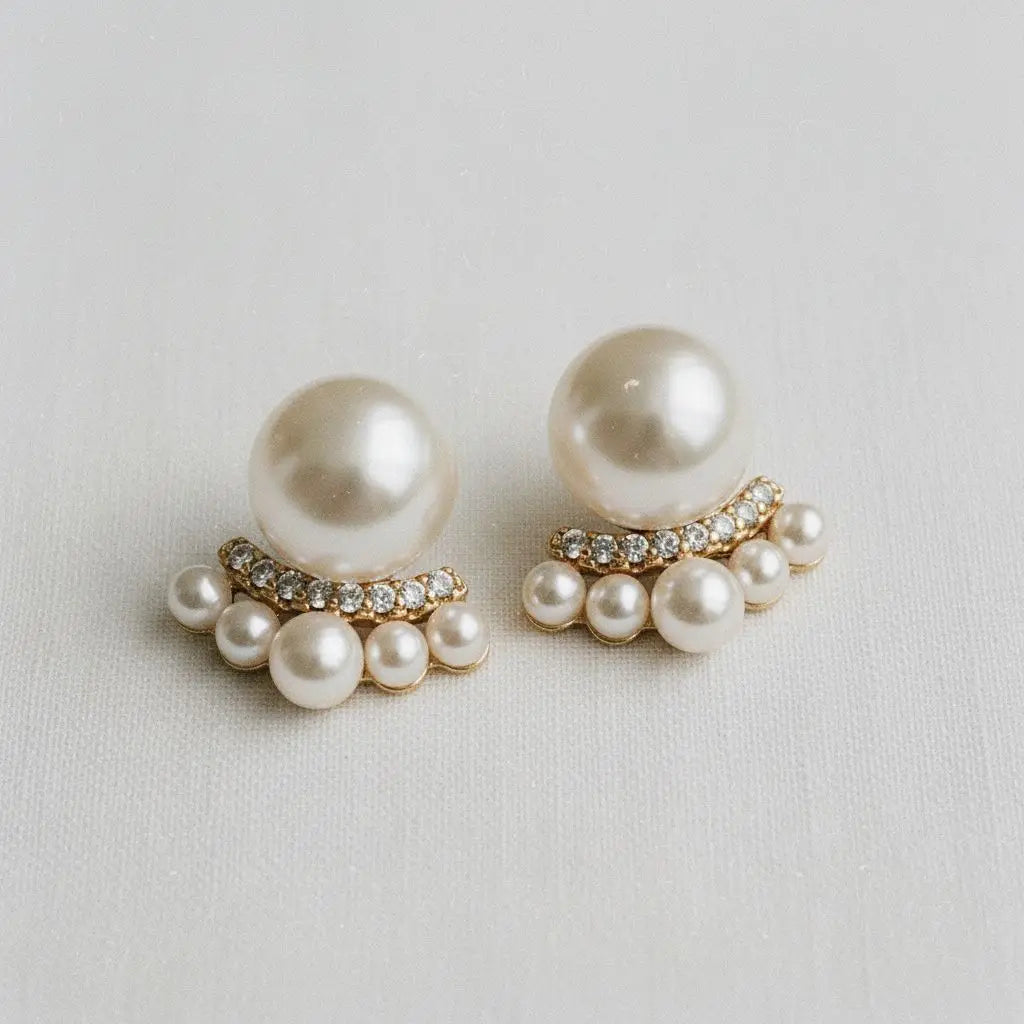 French Inspired Pearl Stud Earrings with Cubic Zirconia