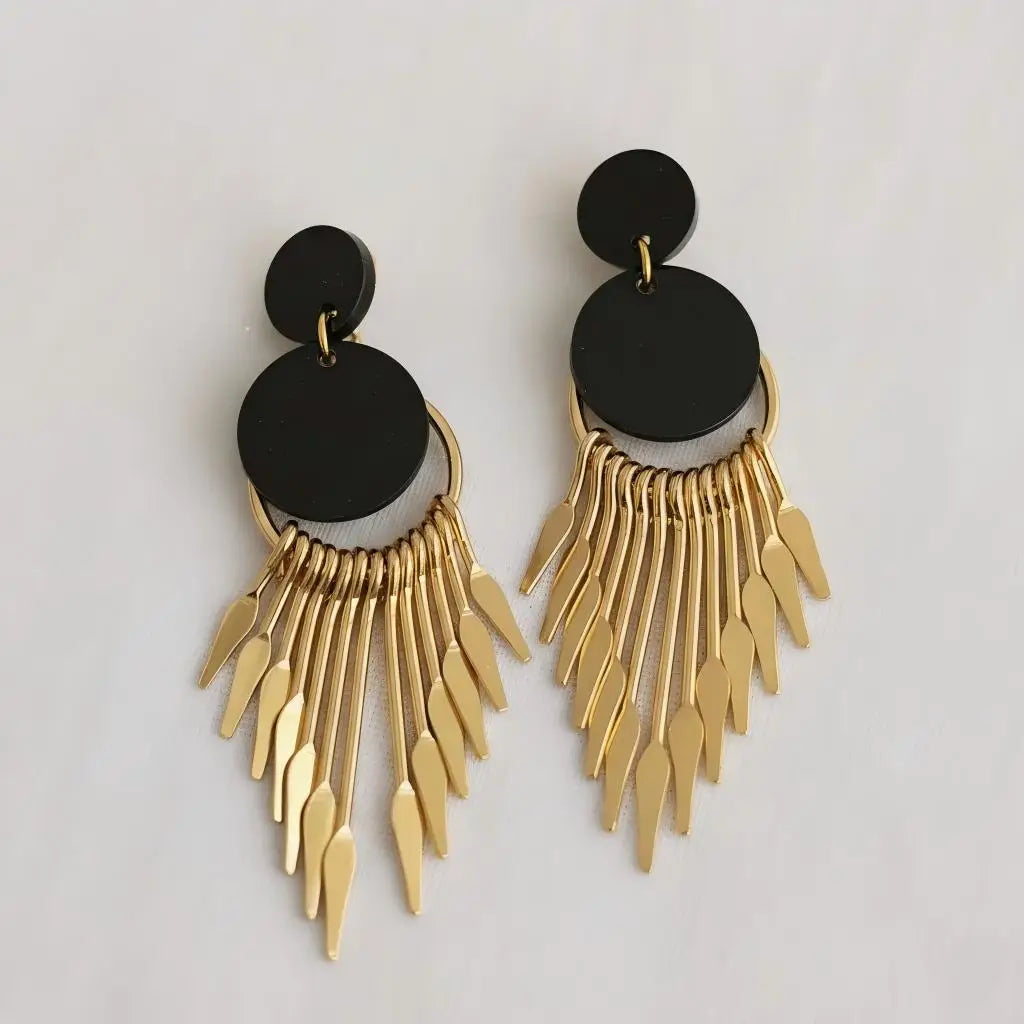 Gold Plated Tassel Drop Earrings with Black