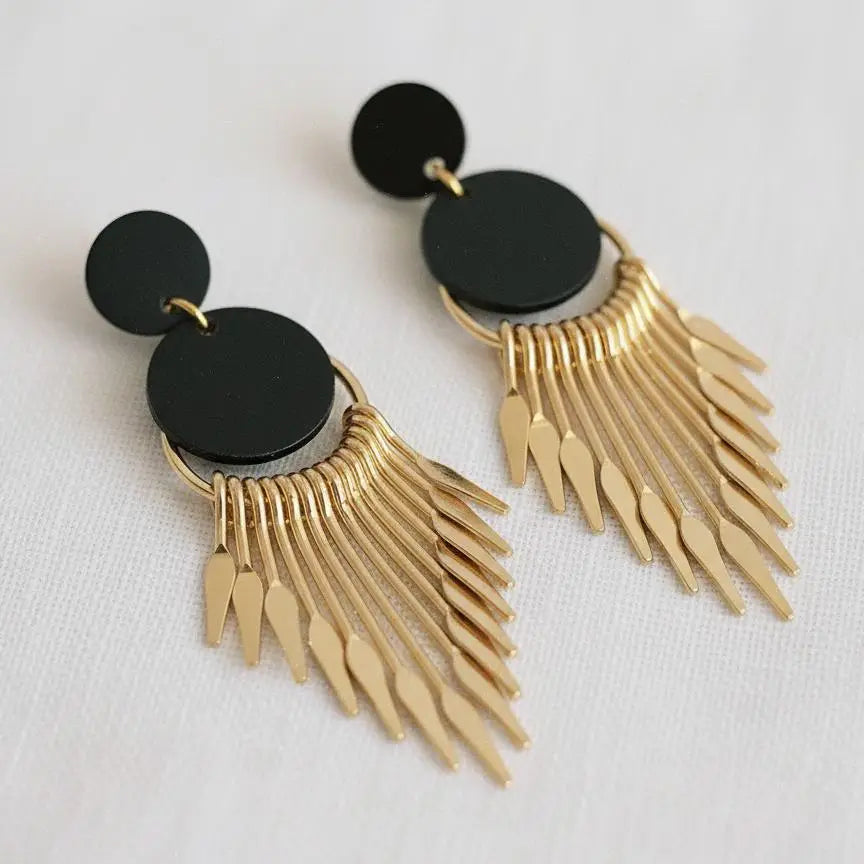 Gold Plated Tassel Drop Earrings with Black